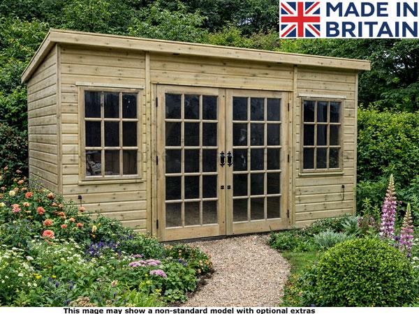 Platinum Winchester Pent 1 A wooden garden summerhouse with double doors and windows, surrounded by a garden.