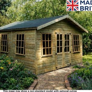 A wooden garden shed with double doors and windows. Made in Britain.