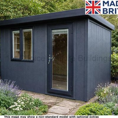 A dark grey garden shed with a double door and two windows, set in a beautiful garden with flowers and trees.