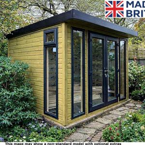A garden office shed with a black roof and large glass doors