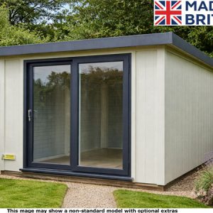 A garden office shed with cream walls and dark grey trim