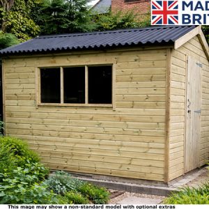 A wooden garden shed with a black roof and a window.