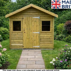 A wooden garden shed with double doors and two windows