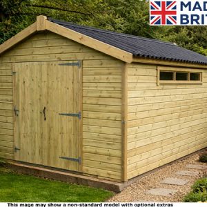 A wooden garden shed with double doors and a window