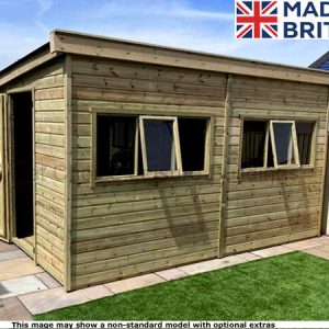 A wooden garden shed with double doors and windows. Made in Britain.