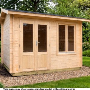 A wooden garden log cabin with double doors and windows, situated in a well-manicured garden.