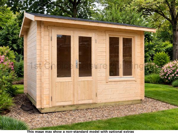 Abinger Apex Cabin 1 A wooden garden log cabin with double doors and windows, situated in a well-manicured garden.
