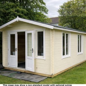 A cream coloured apex garden log cabin with white doors and windows. The garden room is situated on a lawn.