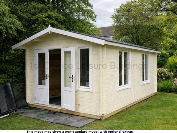 Addlestone Apex Cabin 1 A cream coloured apex garden log cabin with white doors and windows. The garden room is situated on a lawn.