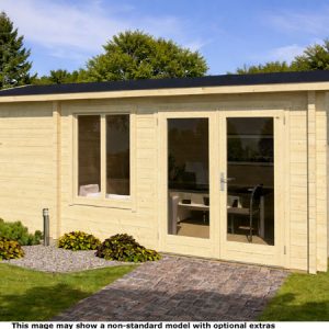 A wooden garden log cabin with double doors and a window. Perfect for garden offices or storage.