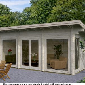A garden room - log cabin with glass doors and patio furniture. A modern outdoor living space.
