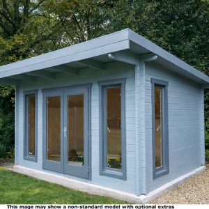 A modern garden painted log cabin with large windows and a flat roof