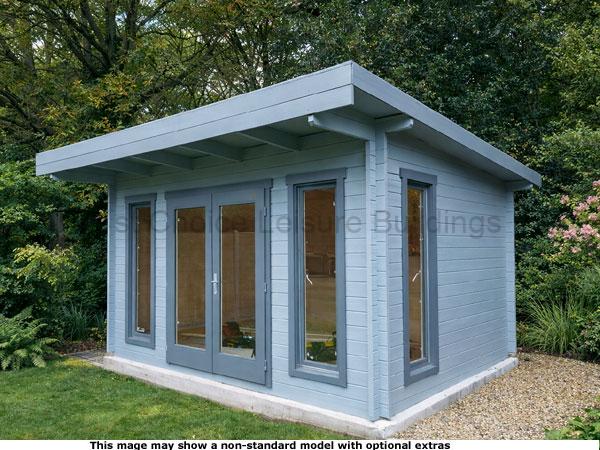 Bagshot Pent Cabin 1 A modern garden painted log cabin with large windows and a flat roof