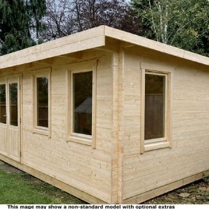 A light wooden garden log cabin with five windows. The shed has a flat roof and a door on the left side.