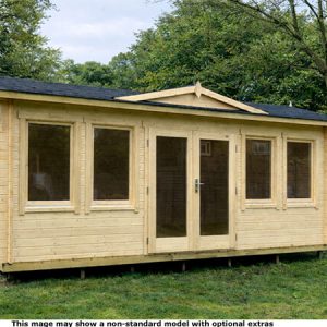 A wooden garden Clockhouse log cabin with double doors and multiple windows. The room is made of light-colored wood and has a black roof.