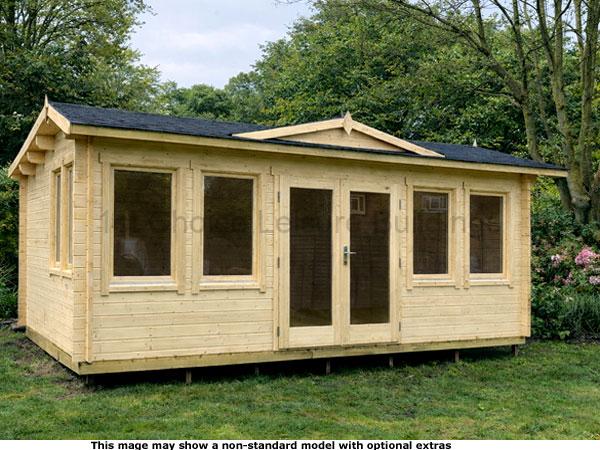 Bisley Clockhouse 1 A wooden garden Clockhouse log cabin with double doors and multiple windows. The room is made of light-colored wood and has a black roof.
