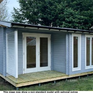 A garden log cabin with grey cladding, double doors and windows