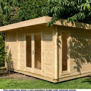 A wooden log cabin with double doors and a window