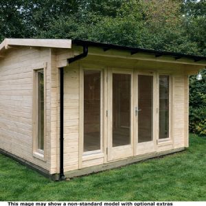 A wooden garden log cabin with double doors and windows. A perfect outdoor storage solution.