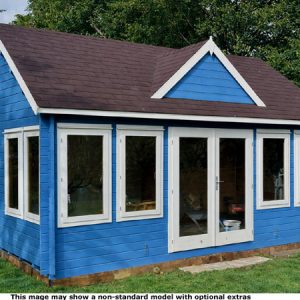 A blue garden Clockhouse log cabin with a brown roof and white trim. The shed has several windows and a glass door.