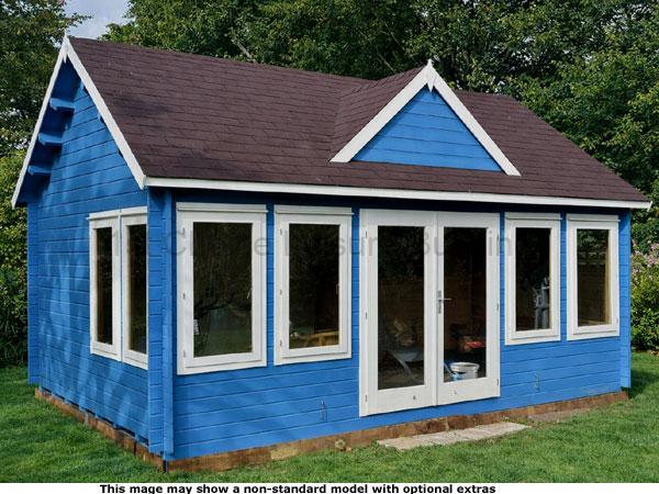 Crowthorne Clockhouse Cabin 1 A blue garden Clockhouse log cabin with a brown roof and white trim. The shed has several windows and a glass door.