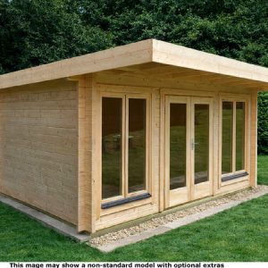 A modern wooden garden log cabin with large windows and a flat roof. The shed has a natural finish and is situated on a concrete base surrounded by grass.
