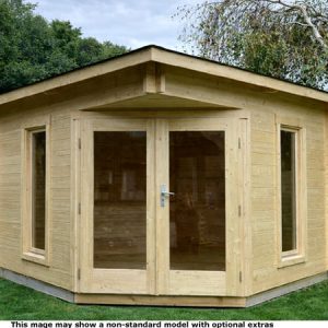 A beautiful corner log cabin with double doors and two side windows, made of light-coloured wood.