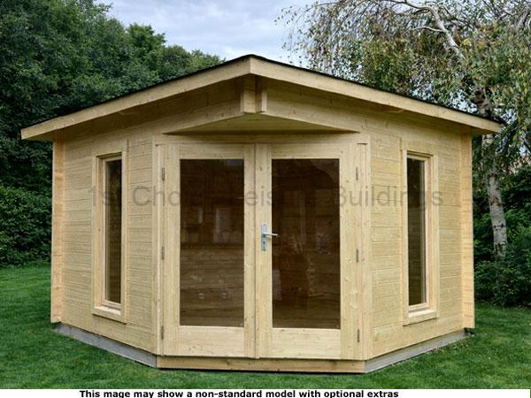 Esher Corner Cabin 1 A beautiful corner log cabin with double doors and two side windows, made of light-coloured wood.
