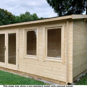 A wooden garden log cabin with double doors and two large windows, set in a grassy area.