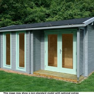A grey painted log cabin with mint green trim and a black roof. The shed has two large double doors and three tall windows.