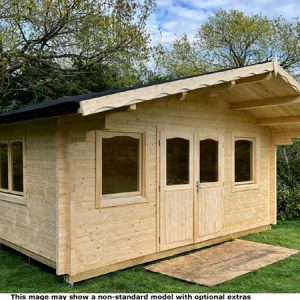 A wooden garden log cabin with a black roof and wooden doors.