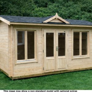 A wooden garden Clockhouse log cabin with double doors and windows. Perfect for storing gardening tools and outdoor equipment.