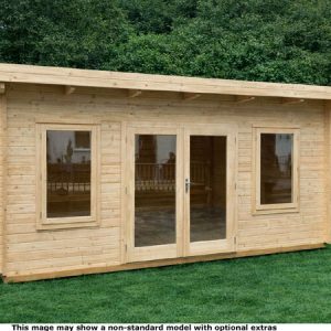 Wooden garden log cabin with double doors and windows. A perfect addition to any UK garden.