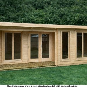 A wooden garden log cabin with large windows and doors. Perfect for outdoor living