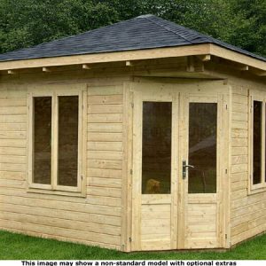 A wooden corner log cabin with double doors and multiple windows, perfect for a garden office or leisure space.