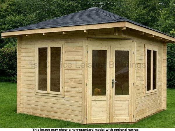 Mortimer Corner Cabin 1 A wooden corner log cabin with double doors and multiple windows, perfect for a garden office or leisure space.
