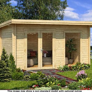 A garden log cabin with large glass doors and windows