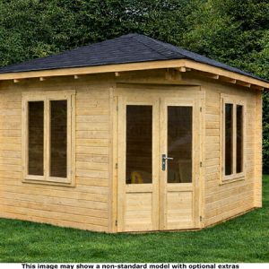 Wooden garden corner log cabin with double doors and windows. A perfect place to store gardening tools and potting plants.