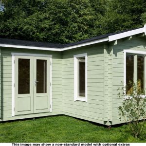 Image of a green wooden garden log cabin. The shed has a black roof and white trim.