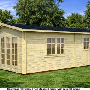 A wooden garden log cabin with a black roof, windows and doors. The shed is made of light-colored wood.