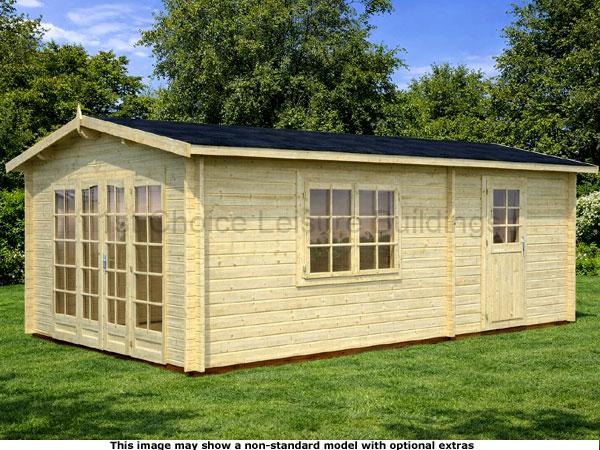 Reading Apex Cabin 1 A wooden garden log cabin with a black roof, windows and doors. The shed is made of light-colored wood.