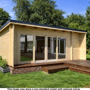 A modern wooden garden log cabin with a deck and glass doors. Perfect for outdoor living.