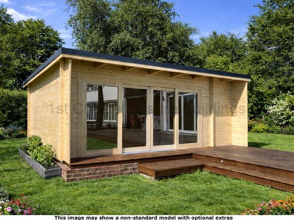 Ripley Pent Multi Room Cabin 1 A modern wooden garden log cabin with a deck and glass doors. Perfect for outdoor living.