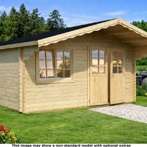 A wooden garden log cabin with a black roof and double doors. The shed has two windows on the side.