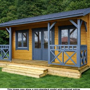 A wooden garden log cabin with blue trim and porch, set in a grassy area.