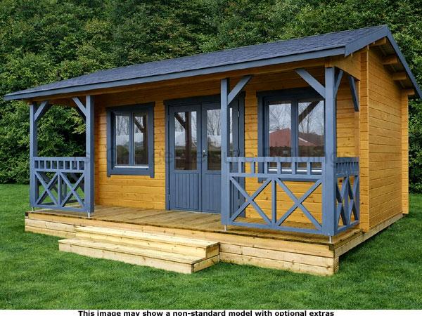 Shere Apex Cabin 1 A wooden garden log cabin with blue trim and porch, set in a grassy area.