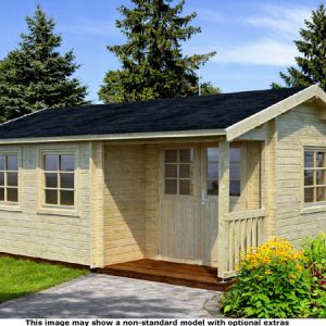 A wooden log cabin with a porch, windows and door. The shed is made of light coloured wood.
