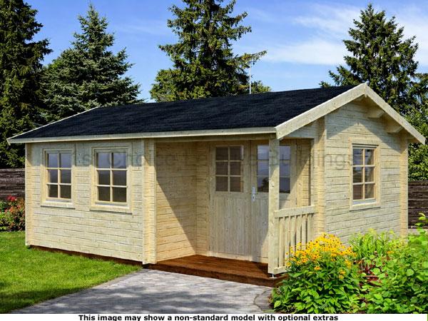 Sunningdale Apex Cabin 1 A wooden log cabin with a porch, windows and door. The shed is made of light coloured wood.