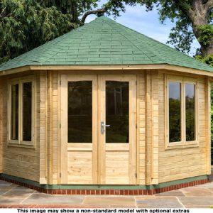 A wooden garden octagonal log cabin gazebo with a green roof and large windows