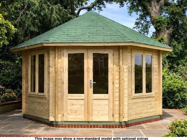Windsor Octagonal Cabin 1 A wooden garden octagonal log cabin gazebo with a green roof and large windows